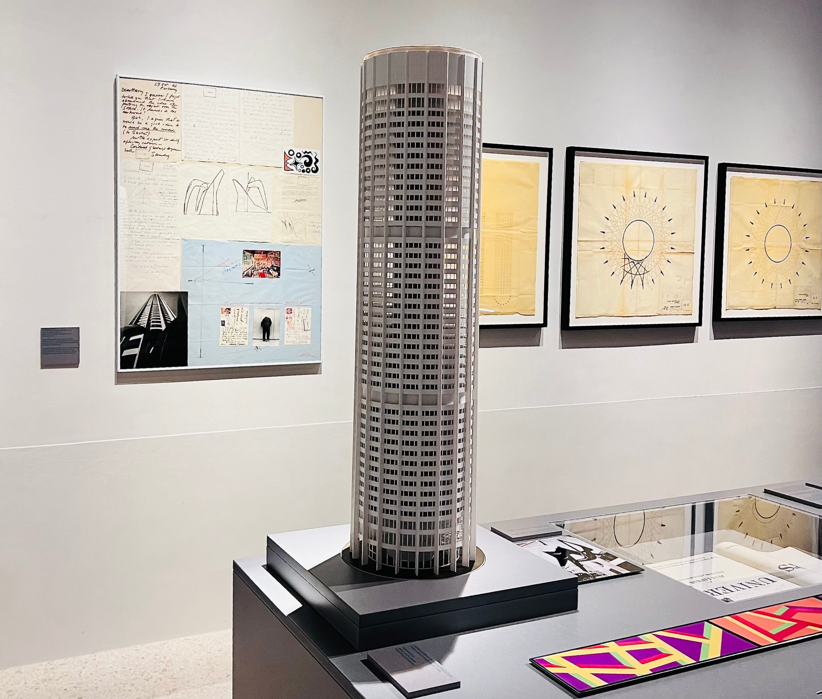 Seider exhibition at SMAC Venice, model of Australia Square tower shown on table with drawings in background. Photo by Kathryn Franco