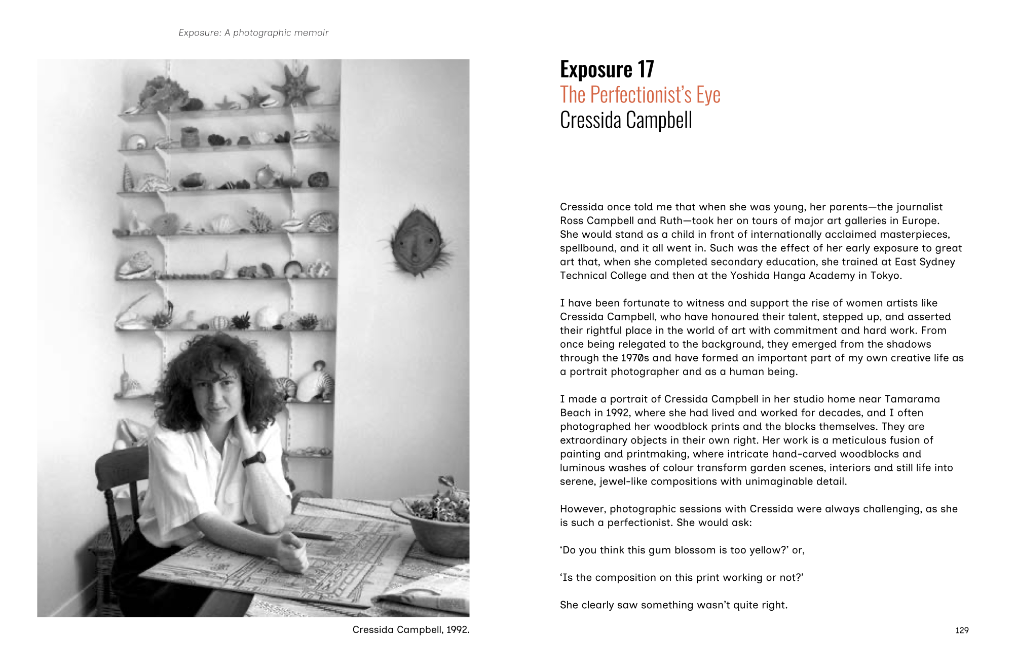 Page from a book featuring a black and white photo of a woman sitting at a desk with shelves filled with objects.