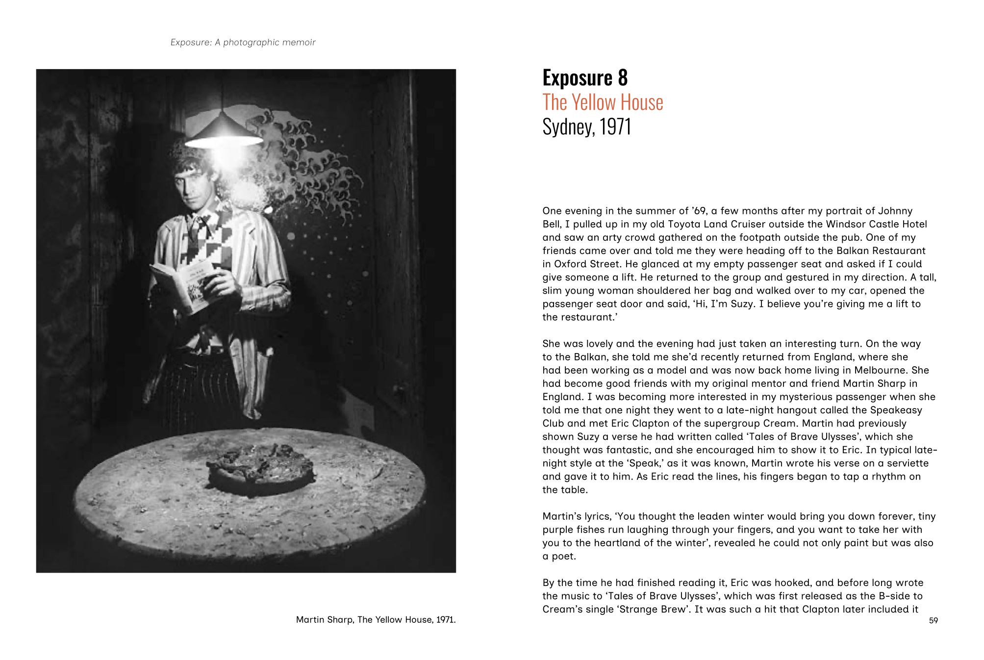 Black and white photograph of a person in a dark room with text about 'The Yellow House' in Sydney, 1971.