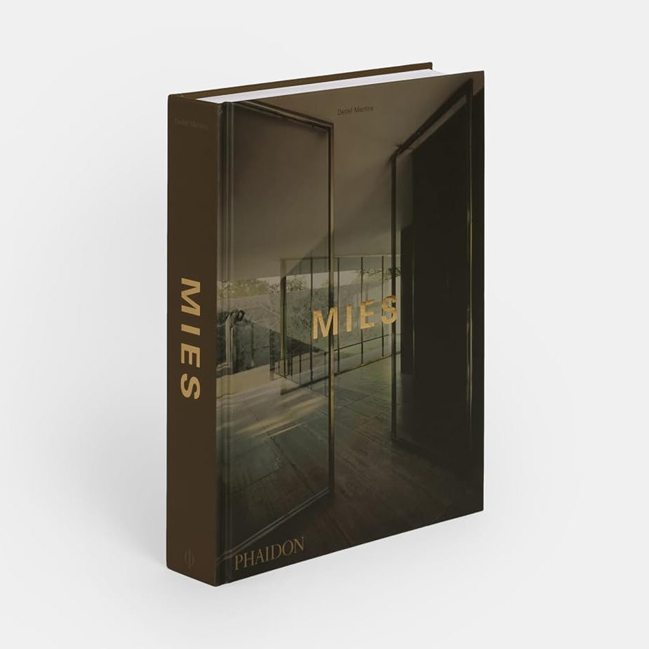 Book titled 'Mies' by Phaidon on a white background
