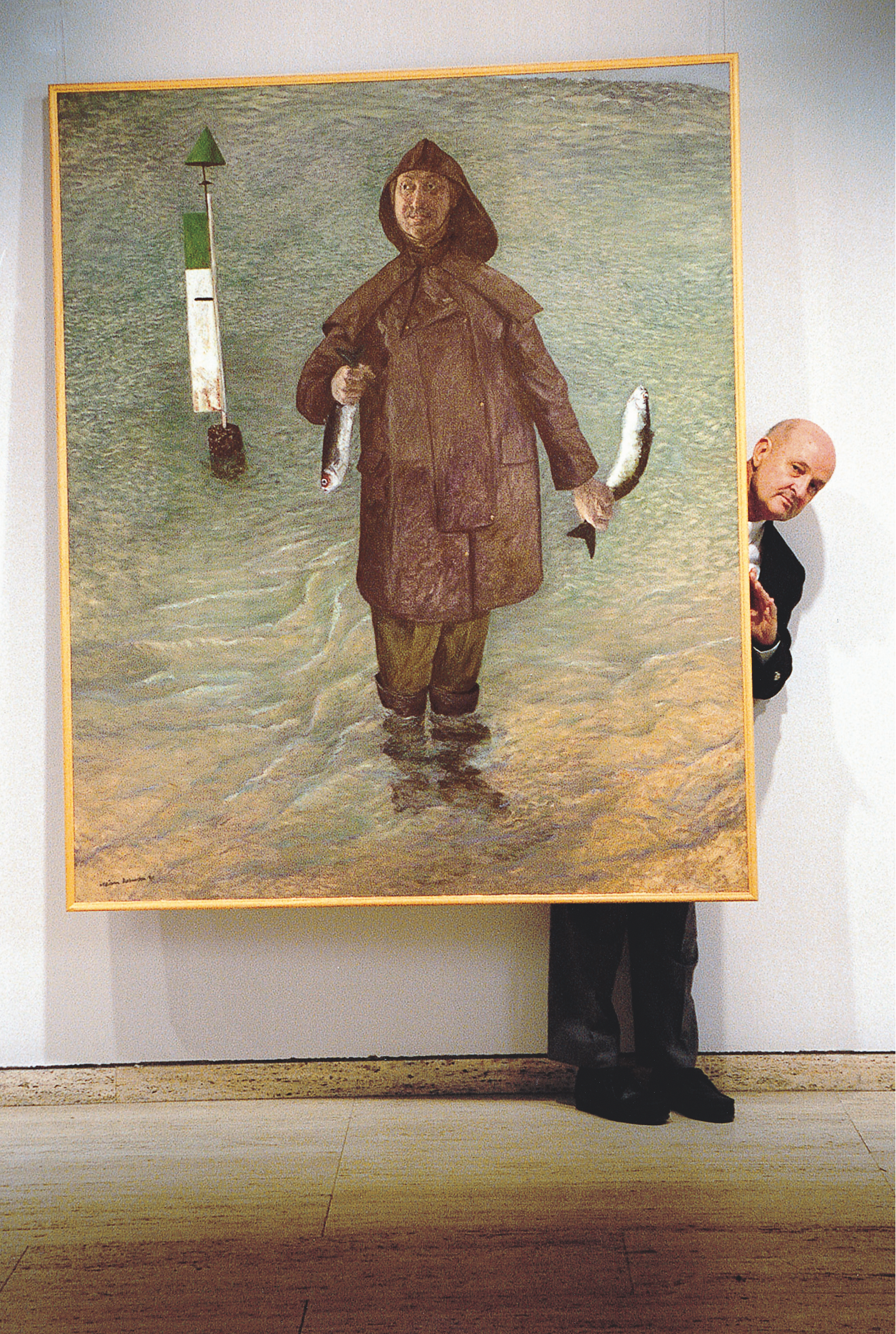 William Robinson with Stunned Mullet Archibald Winning Self Portrait, image courtesy Sydney Morning Herald.