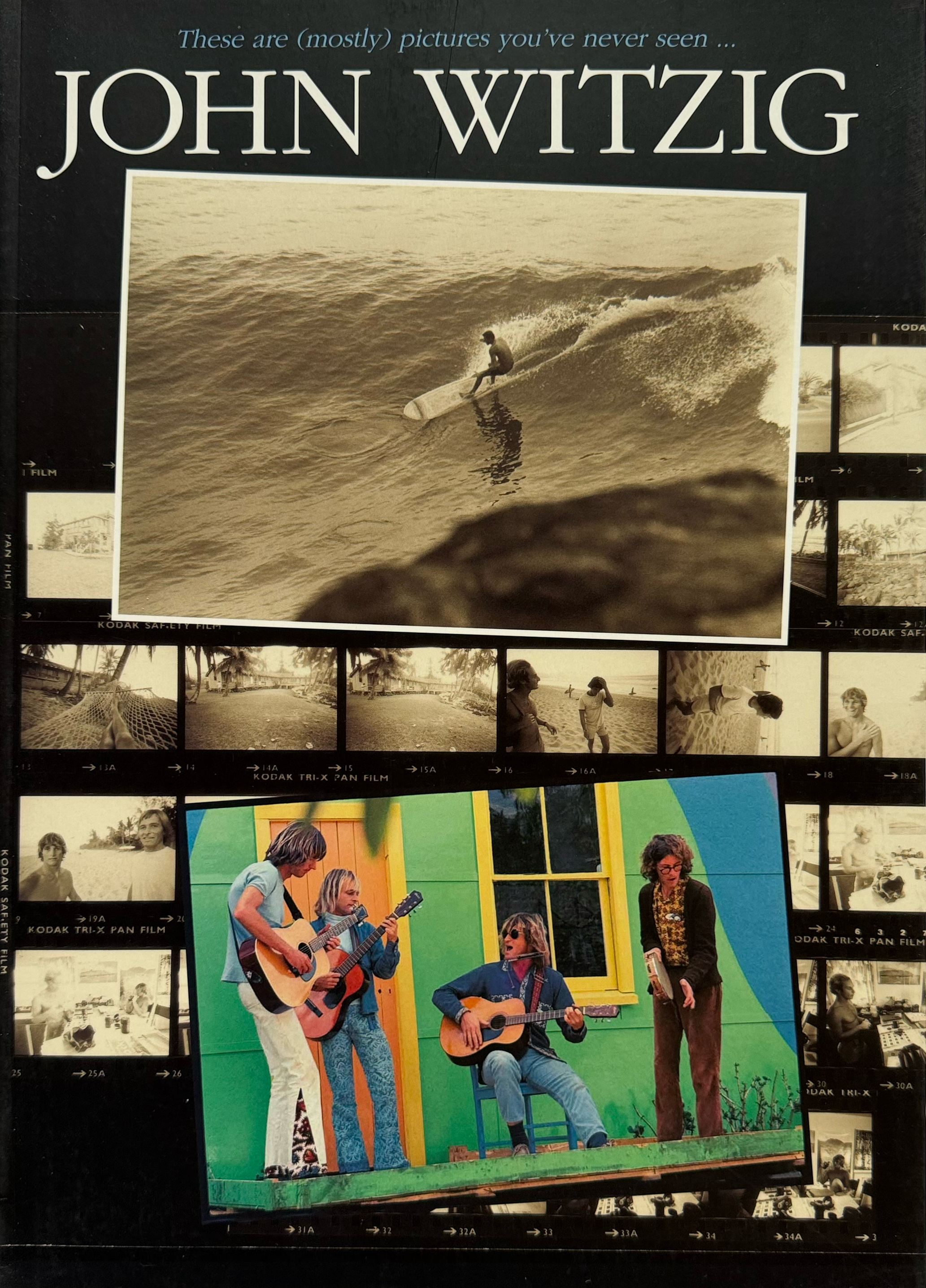 Book cover with images of a person surfing and two people playing guitar, featuring the text 'John Witzig'.